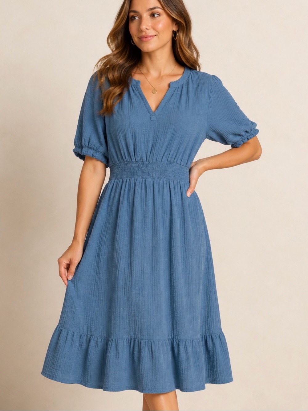 Just Living Dusty Blue Smocked Midi Dress